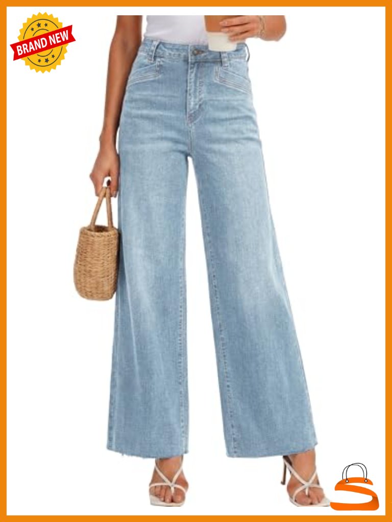 Wide Leg High Waisted Stretchy Y2k Denim Pants Raw Hem 4 Pockets Button Zipper
